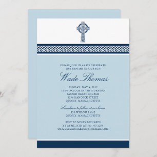Navy Blue Cross Baptism Christening Invitation
