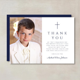 Navy Blue Cross Boy First Communion Photo Thank You Card