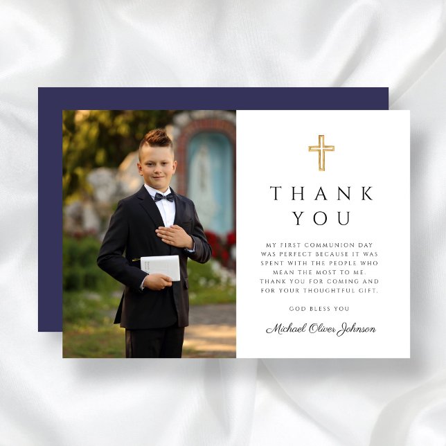 Navy Blue Cross Boy First Communion Photo Thank You Card (Navy Blue Cross Boy First Communion Photo Thank You Card)
