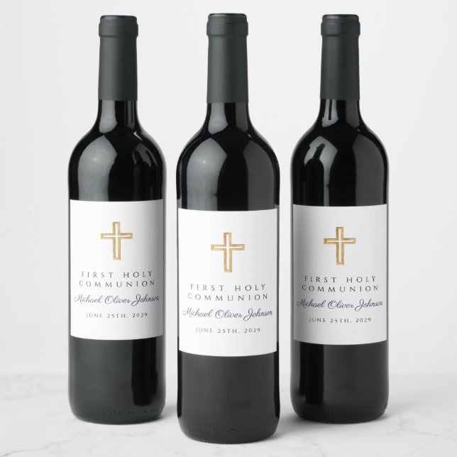 Navy Blue Cross Boy First Communion Wine Label (Bottles)