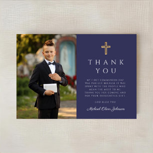 Navy Blue Cross Boy Photo First Communion  Thank You Card
