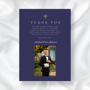 Navy Blue Cross Boy Photo First Communion  Thank You Card
