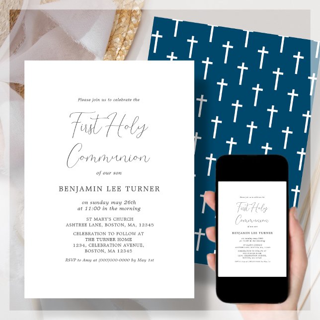 Navy Blue Cross | First Communion Invitation (Creator Uploaded)
