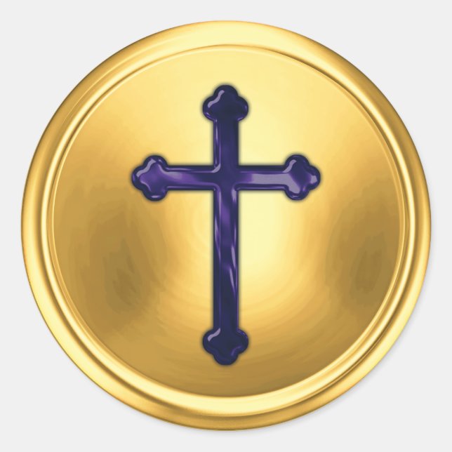 Navy Blue Cross on Gold Envelope Seal Sticker (Front)