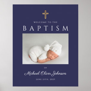 Navy Blue Cross Photo Boy Baptism Welcome Poster