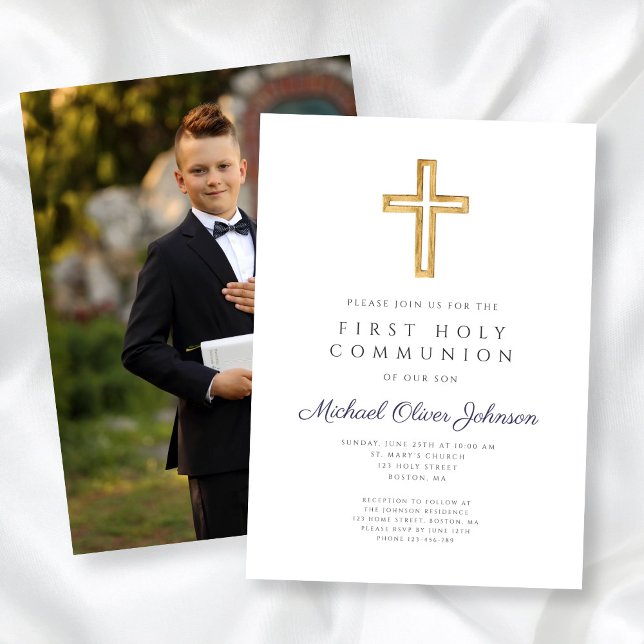Navy Blue Cross Photo Boy First Communion  Invitation (Navy Blue Cross Photo Boy First Communion Invitation)