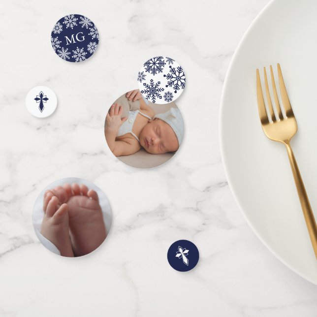 Navy Blue Cross Snowflakes Photo Winter Baptism Confetti (Group)