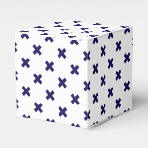 Navy blue cross stitches on white favour box