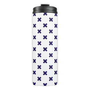 Navy blue cross stitches on white thermal tumbler