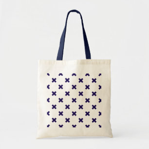 Navy blue cross stitches on white tote bag