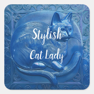 Navy blue Custom Art Nouveau cat Stylish Cat Lady Square Sticker