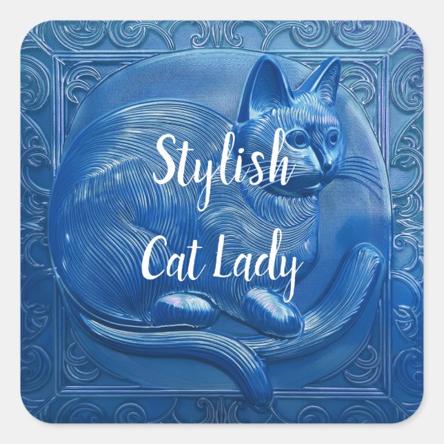 Navy blue Custom Art Nouveau cat Stylish Cat Lady Square Sticker (Front)