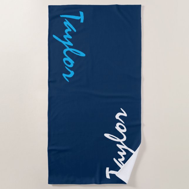Navy Blue Custom Name Personalised Beach Towel (Front)