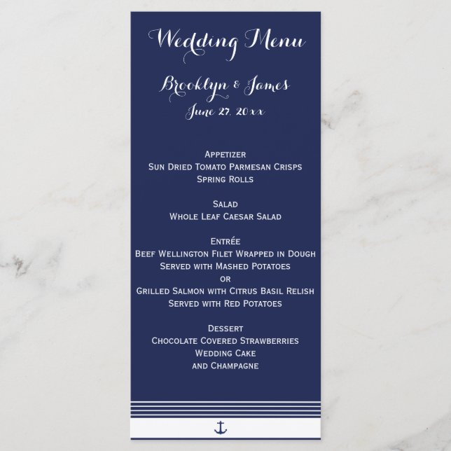 Navy Blue Custom Nautical Wedding Menu Cards (Front)