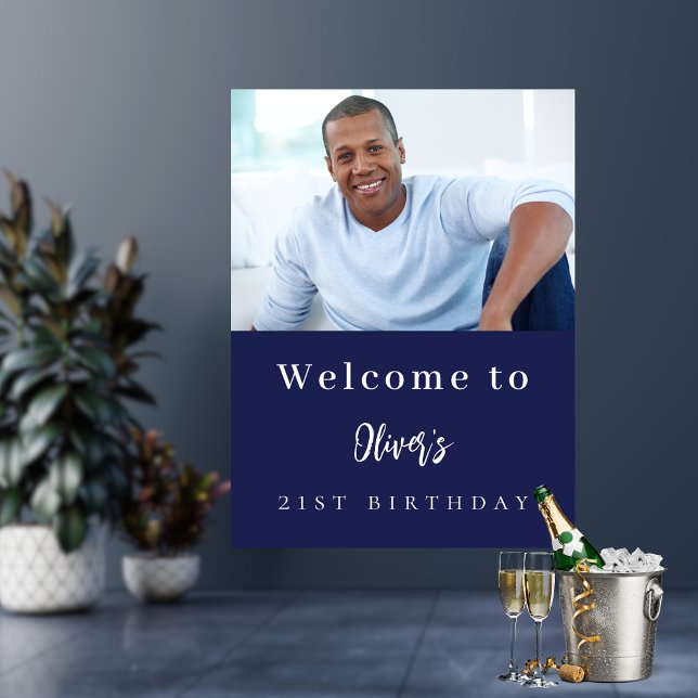 Navy blue custom photo birthday party welcome poster (Creator Uploaded)
