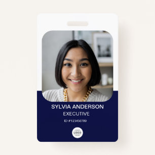 Navy Blue Custom Photo Employee ID Logo QR Code ID Badge