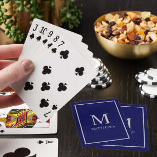 Navy Blue Customise It Silver Monogram & Name Playing Cards