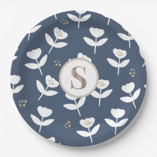Navy Blue Cute Floral Farmhouse Simple Monogram Paper Plate