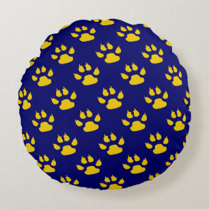 Navy Blue Cute Paw Pattern Print Round Cushion