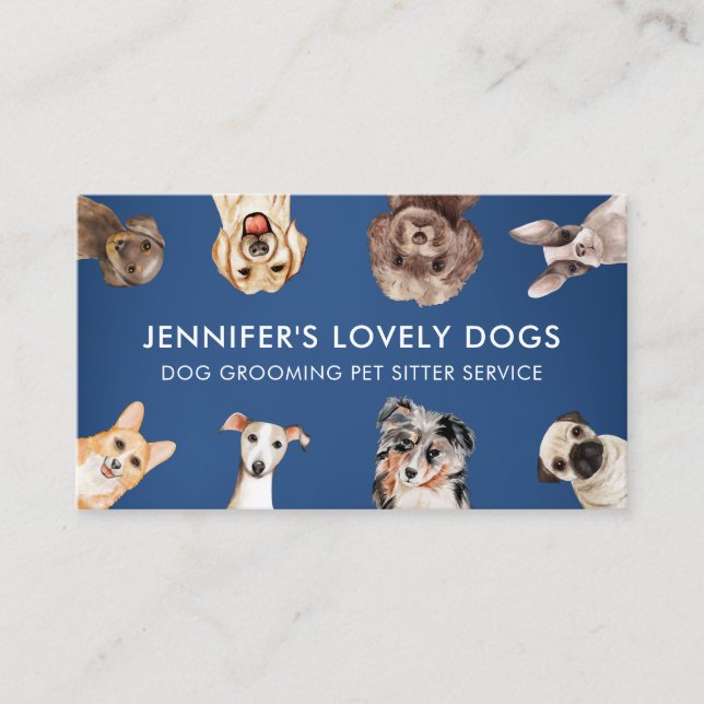 Navy Blue Cute Small Size Dogs Pet Sitter Business Card (Front)