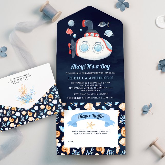 Navy Blue Cute Submarine Nautical Baby Shower All In One Invitation (Creator Uploaded)