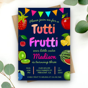 Navy Blue Cute Tutti Frutti Kids Birthday Party Invitation