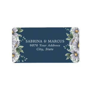 Navy Blue Daisy Floral Leaves Wedding Address  Label