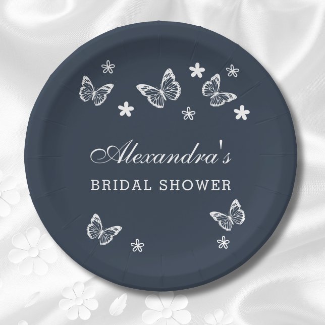 Navy Blue Daisy White Butterfly Bridal Shower Paper Plate (Creator Uploaded)
