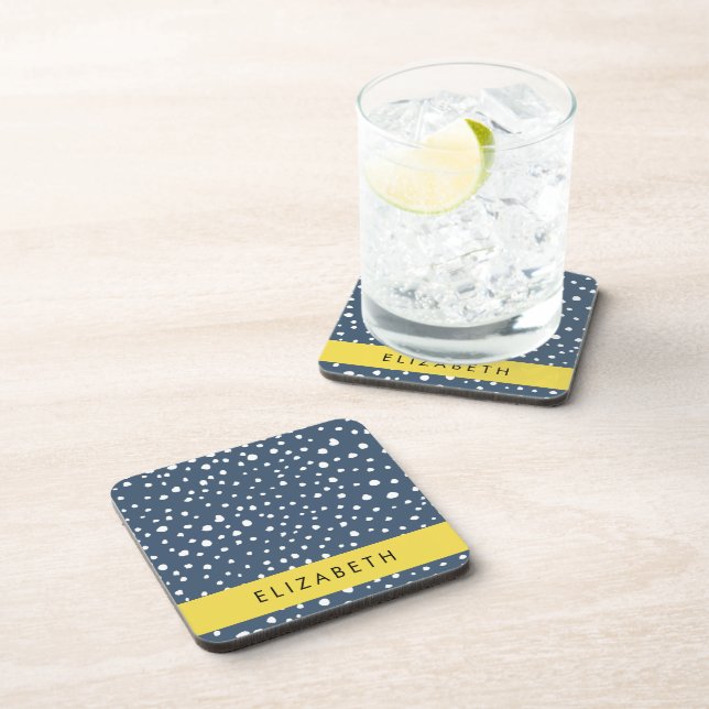 Navy Blue Dalmatian Dots, Spots, Dotted, Your Name Coaster (Right Side)