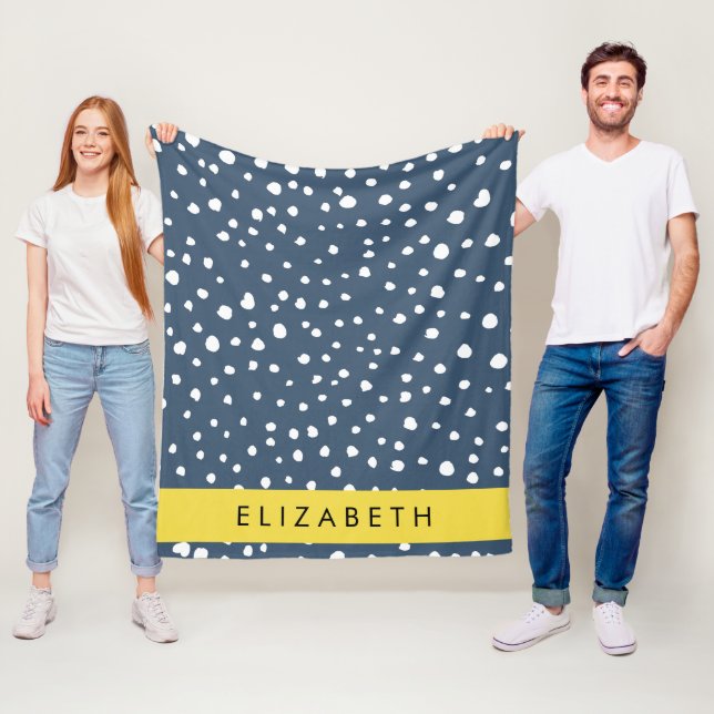 Navy Blue Dalmatian Dots, Spots, Dotted, Your Name Fleece Blanket (In Situ)