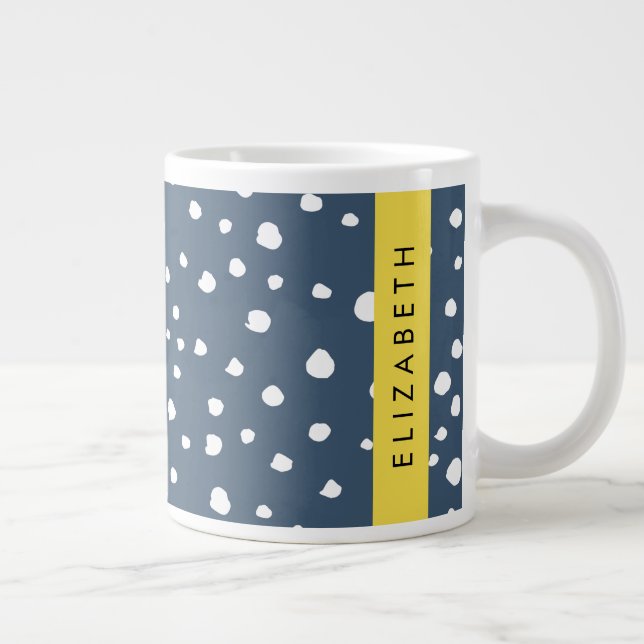 Navy Blue Dalmatian Dots, Spots, Dotted, Your Name Large Coffee Mug (Right)