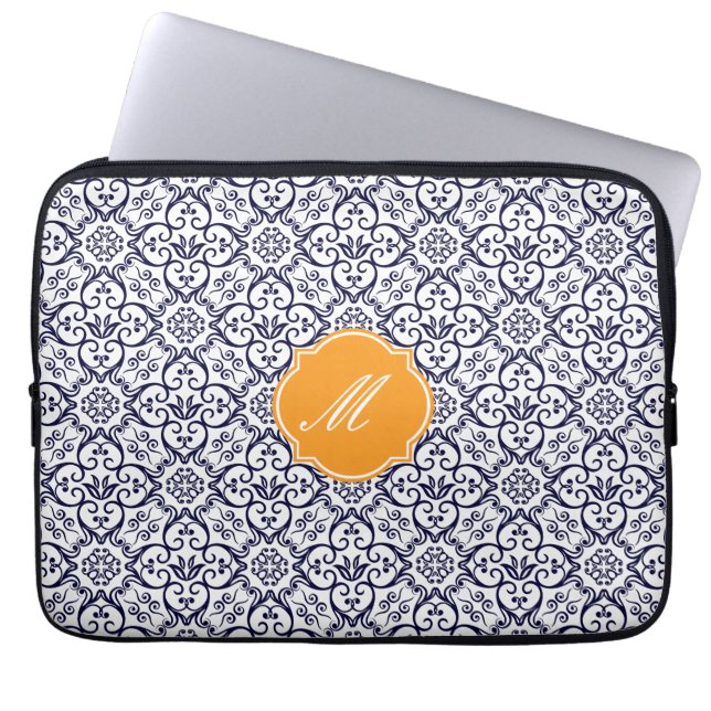 Navy Blue Damaks Pattern Laptop Sleeve (Front)