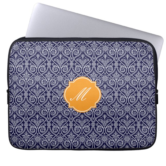 Navy Blue Damaks Pattern Laptop Sleeve (Front)