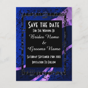 Navy blue damask and black save the date announcement postcard