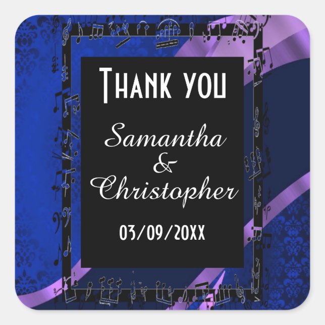 Navy blue damask and black thank you square sticker (Front)