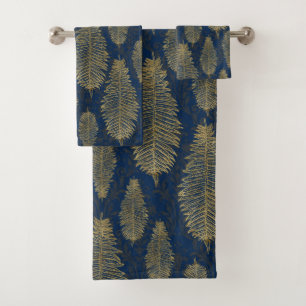 Navy Blue Damask & Gold Fern Leaf Pattern Bath Towel Set