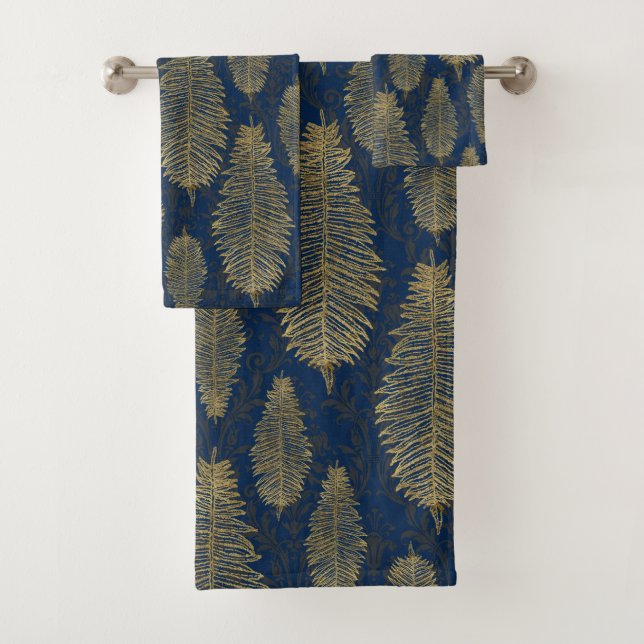 Navy Blue Damask & Gold Fern Leaf Pattern Bath Towel Set (Insitu)