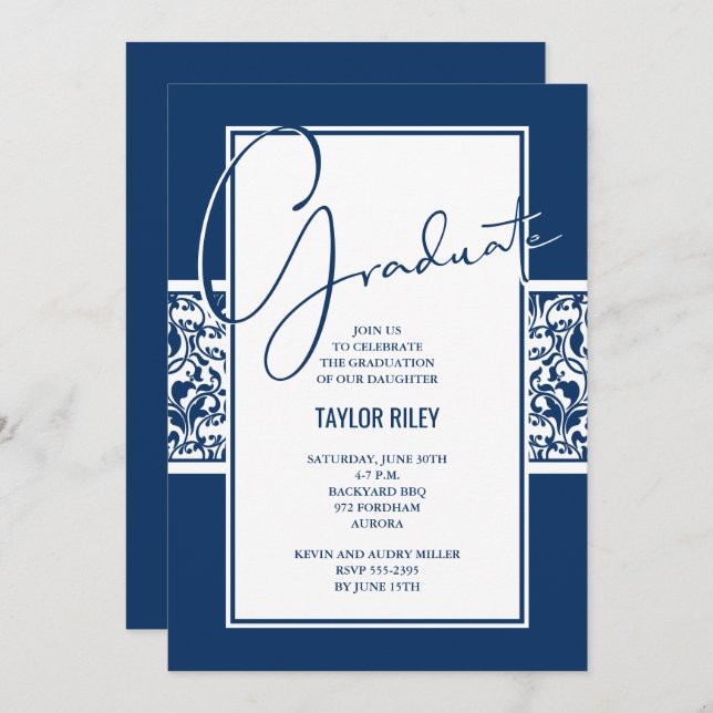 Navy Blue Damask Graduation Party Invitation (Front/Back)