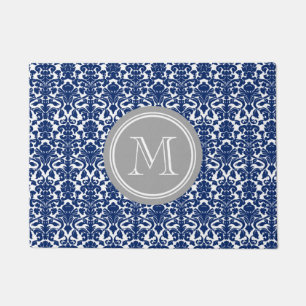Navy Blue Damask Grey Monogram Doormat