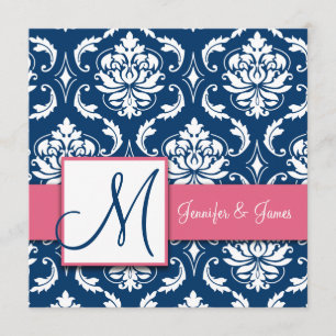 Navy Blue Damask Monogram Invitation Honeysuckle
