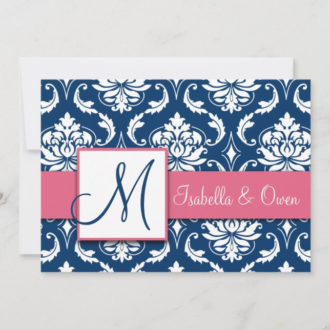 Navy Blue Damask Monogram Invitation Pink (Front)