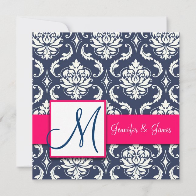 Navy Blue Damask Monogram Invitations Hot Pink (Front)