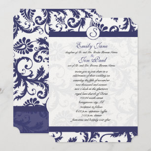 Navy Blue Damask Monogram Wedding Invitation