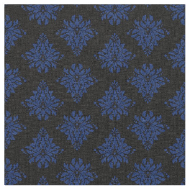 Navy Blue Damask on Black Fabric (Close Up)