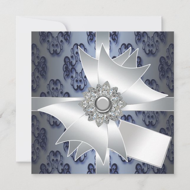 Navy Blue Damask Party Invitation Template (Front)