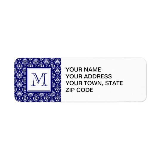 Navy Blue Damask Pattern 1 with Monogram Return Address Label