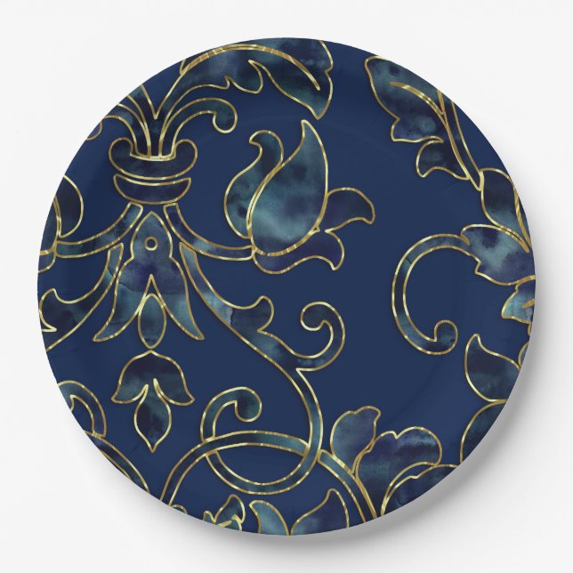 Navy Blue Damask Pattern over your choice of colou Paper Plate (Front)