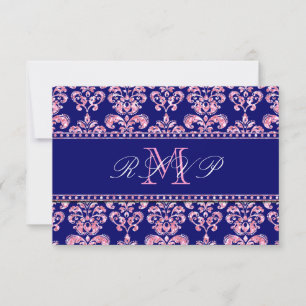 Navy Blue Damask Pink Glitter Wedding RSVP Card