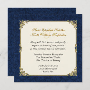 Navy Blue Damask & Vintage Gold Wedding Invitation