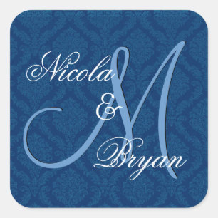 Navy Blue Damask Wedding Bride Groom Monogram V2A Square Sticker